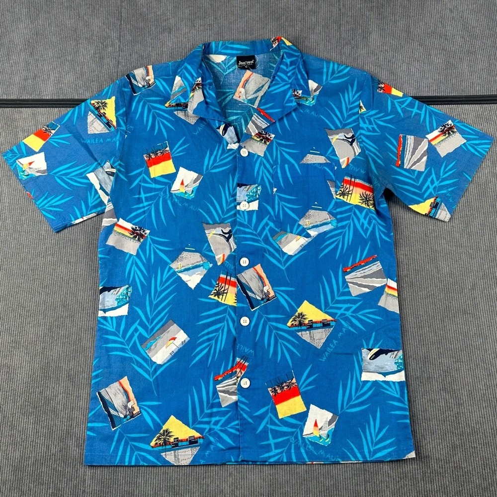 Vintage Jantzen Wailea Maui Hawaiian Shirt Mens Medium Blue Postcard Made in USA